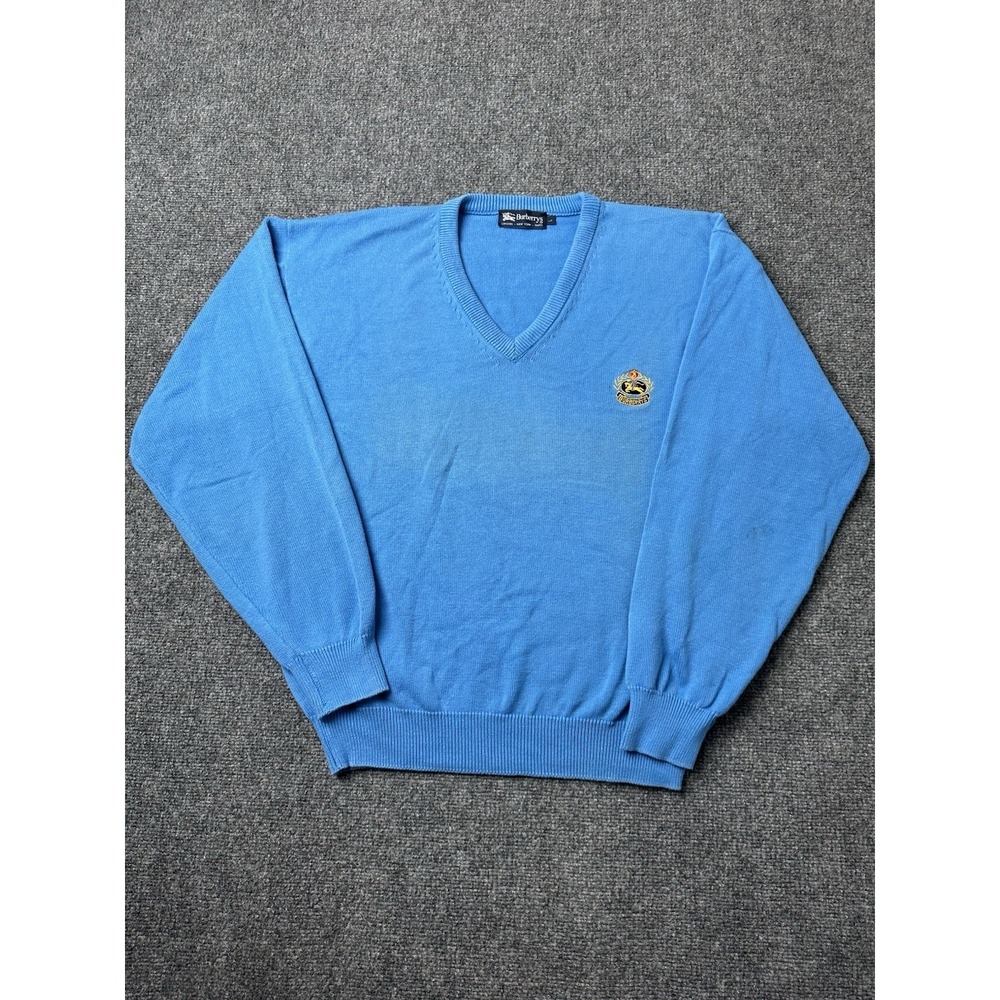 Mens Burberry V Neck Sweater Blue Embroidered Logo, Size L